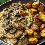 Creamy Mushroom Garlic Chicken Alfredo & Hot Honey Roasted Potatoes