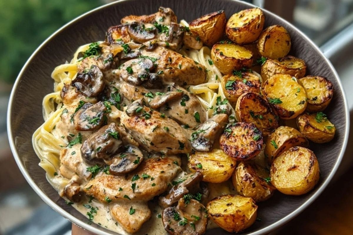 Creamy Mushroom Garlic Chicken Alfredo & Hot Honey Roasted Potatoes
