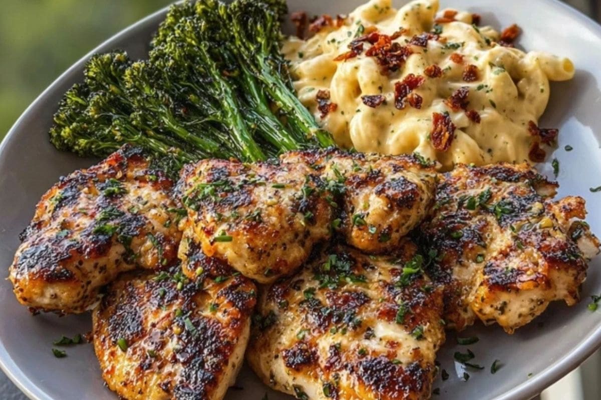 Easy Garlic-Parmesan Chicken Bites Recipe with Sun-Dried Tomato Cajun Alfredo & Charred Broccolini