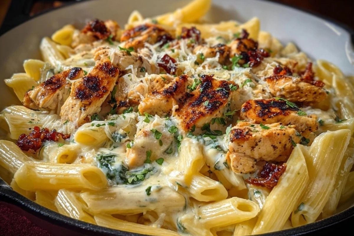 Garlic Butter Chicken Penne with Creamy Three-Cheese Sauce