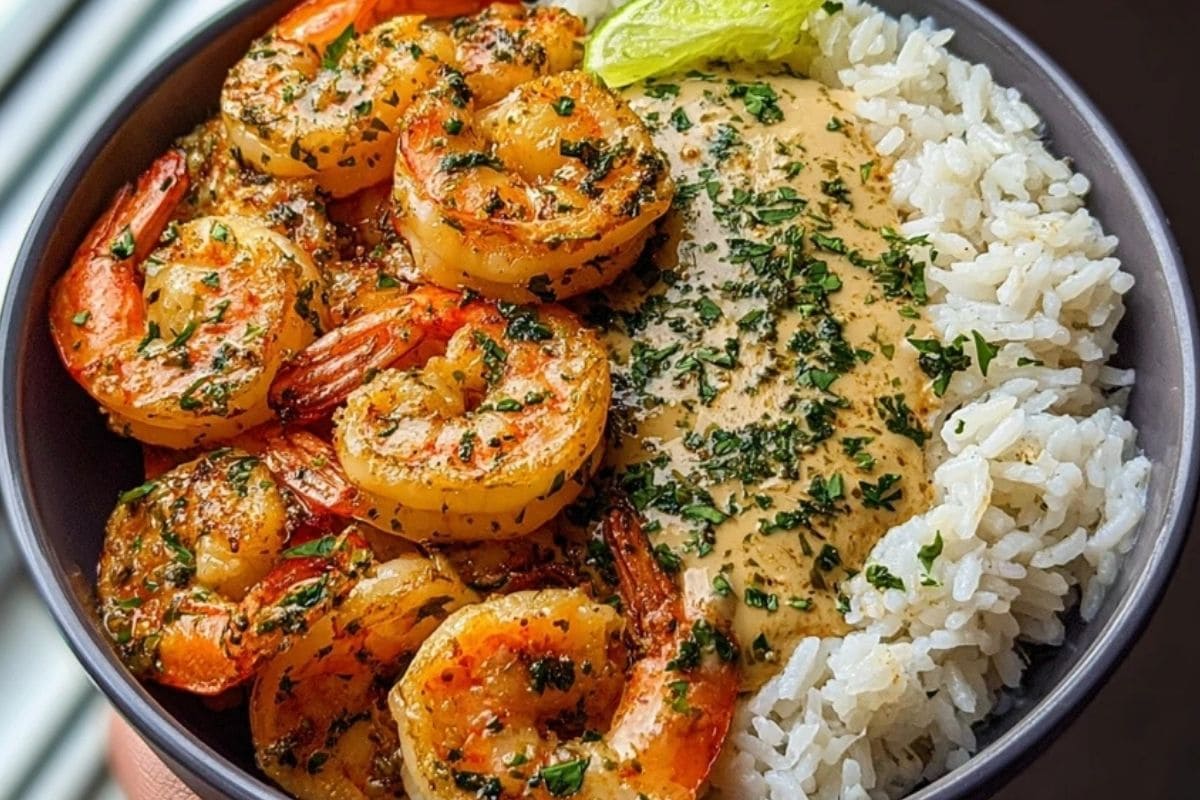 Garlic Butter Shrimp Bowl Recipe with Creamy Herb Rice 1