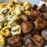 Garlic Butter Steak Bites with Creamy Parmesan Tortellini and Garlic Sauce