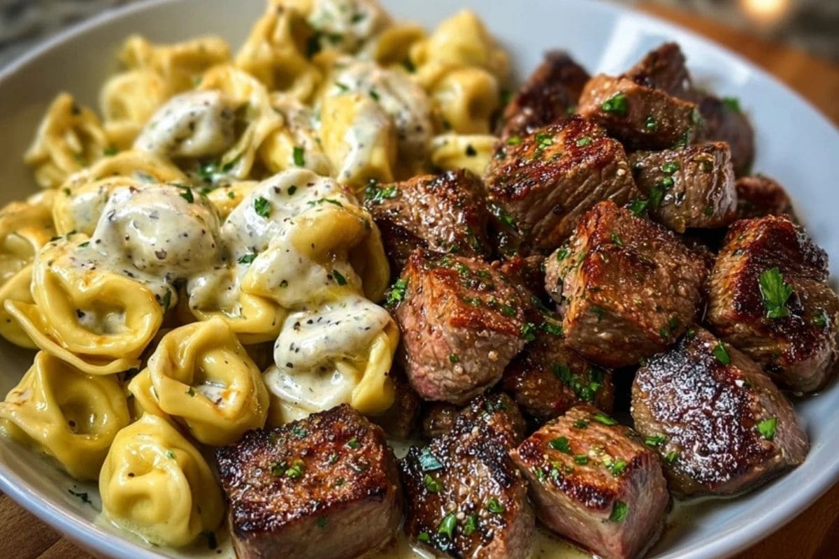 Garlic Butter Steak Bites with Creamy Parmesan Tortellini and Garlic Sauce