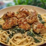 Garlic Chicken Bites & Creamy Cajun Spinach Artichoke Alfredo Pasta