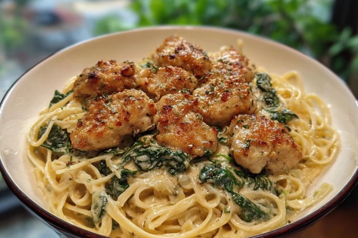 Garlic Chicken Bites & Creamy Cajun Spinach Artichoke Alfredo Pasta