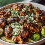 Hot Honey Balsamic Chicken Alfredo with Whipped Feta & Crispy Brussels Chips