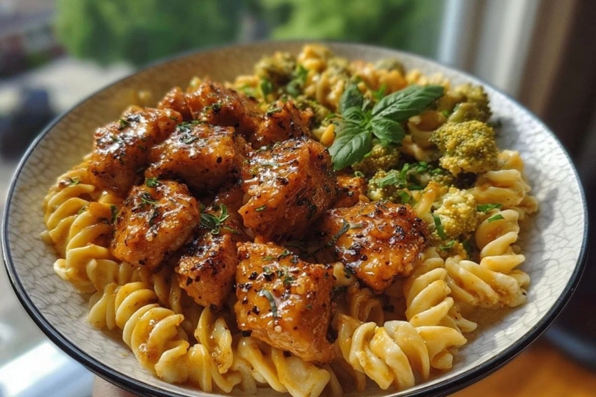 Hot Honey Garlic Chicken Bites & Cajun Alfredo with Crispy Broccoli Twists