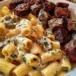 Rigatoni in Garlic Butter Parmesan Cream Sauce with Cajun Steak Tips