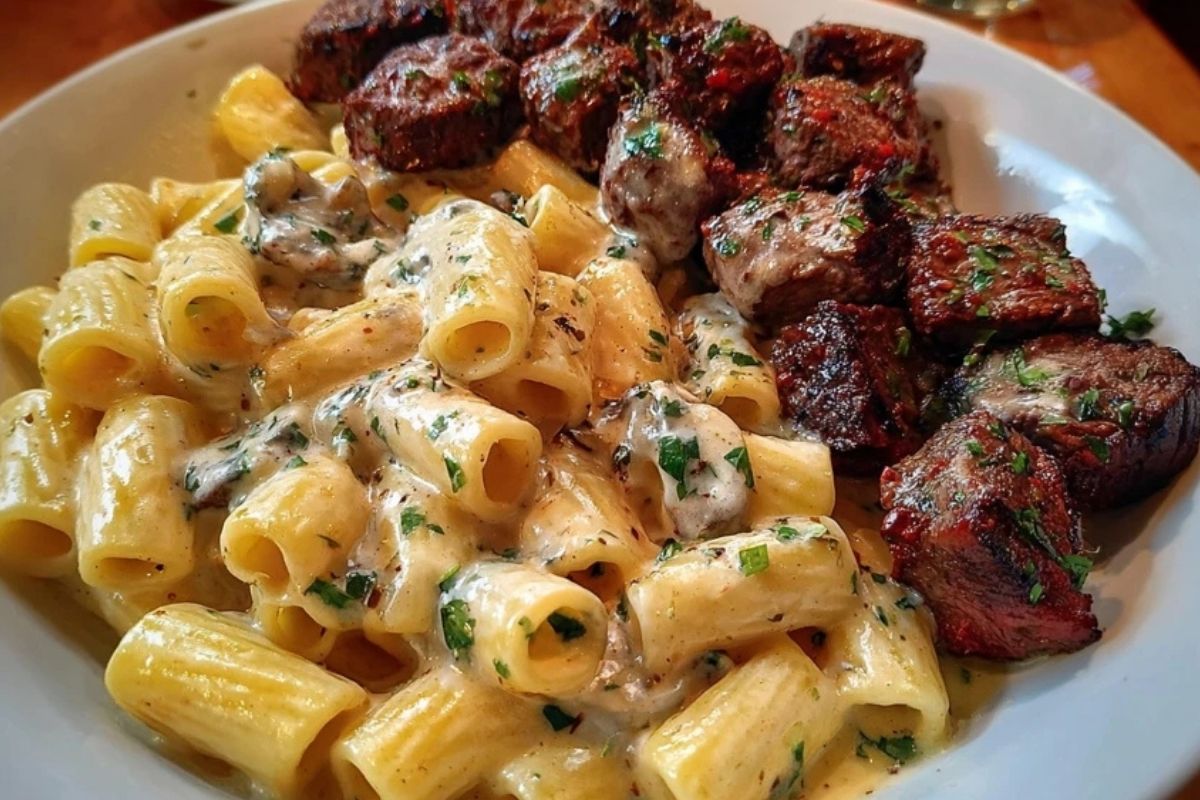 Rigatoni in Garlic Butter Parmesan Cream Sauce with Cajun Steak Tips