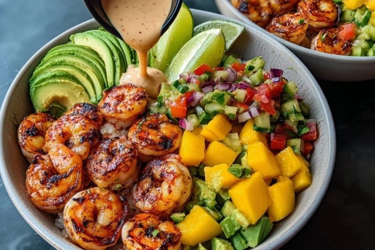 Shrimp and Avocado Bowls with Mango Salsa & Lime-Chili Sauce