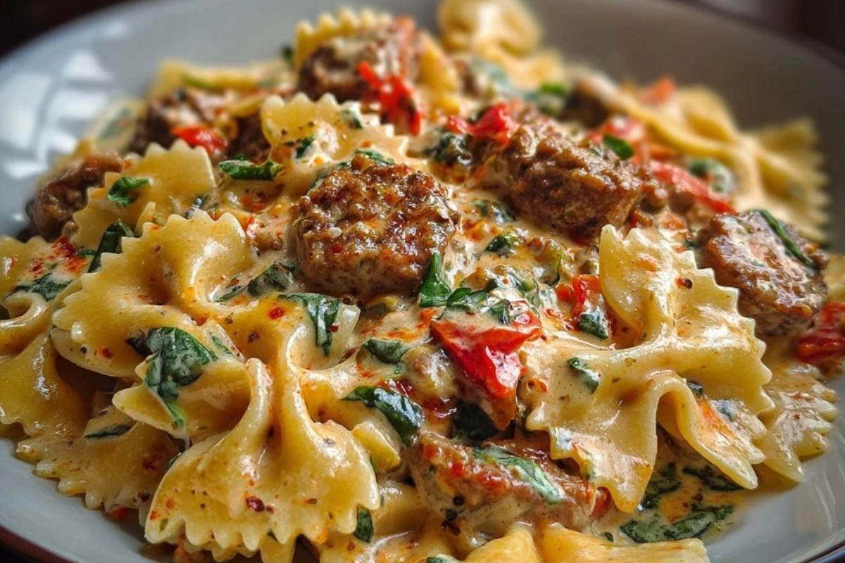 Spicy Cajun Bowtie Pasta with Beef, Sausage & Creamy Garlic Sauce