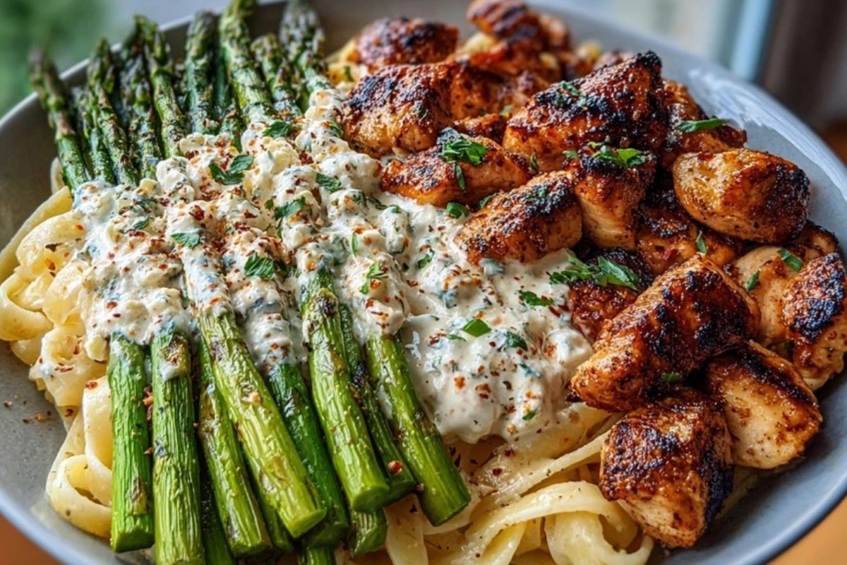 Ultimate Greek Chili Chicken Alfredo Recipe with Smoked Feta Cream & Crispy Parmesan Asparagus
