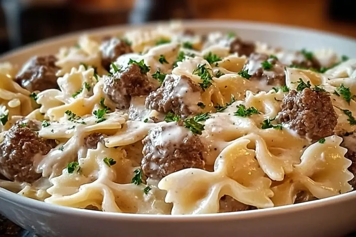 Beef and Bowtie Pasta with Alfredo Sauce 1