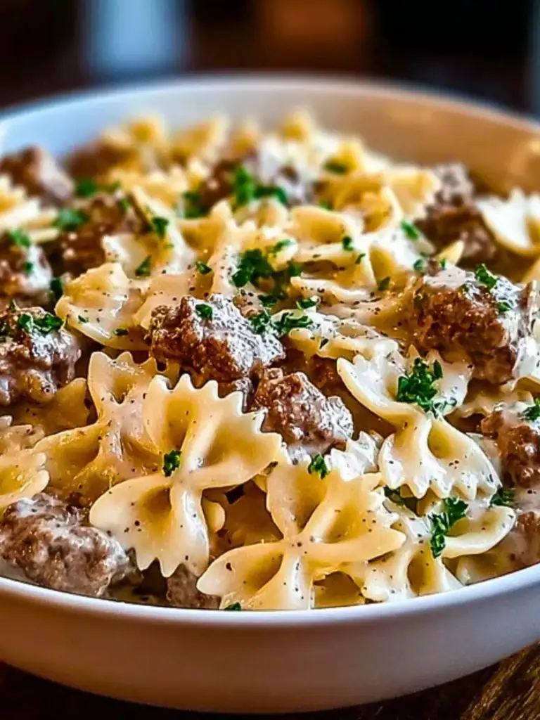 Beef and Bowtie Pasta with Alfredo Sauce 2