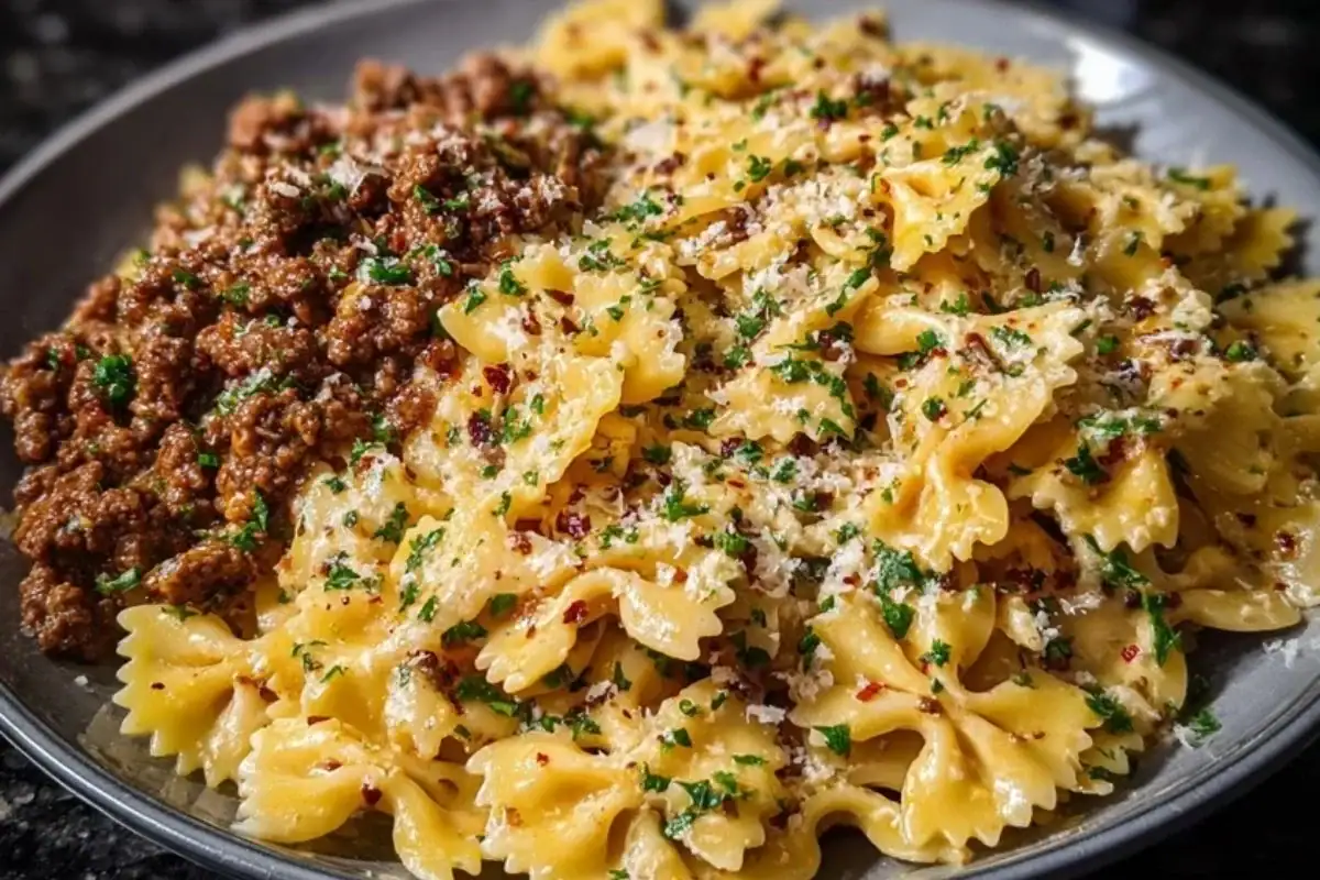 Cheesy Bowtie Pasta with Savory Cajun Ground Beef in Garlic Cream 1