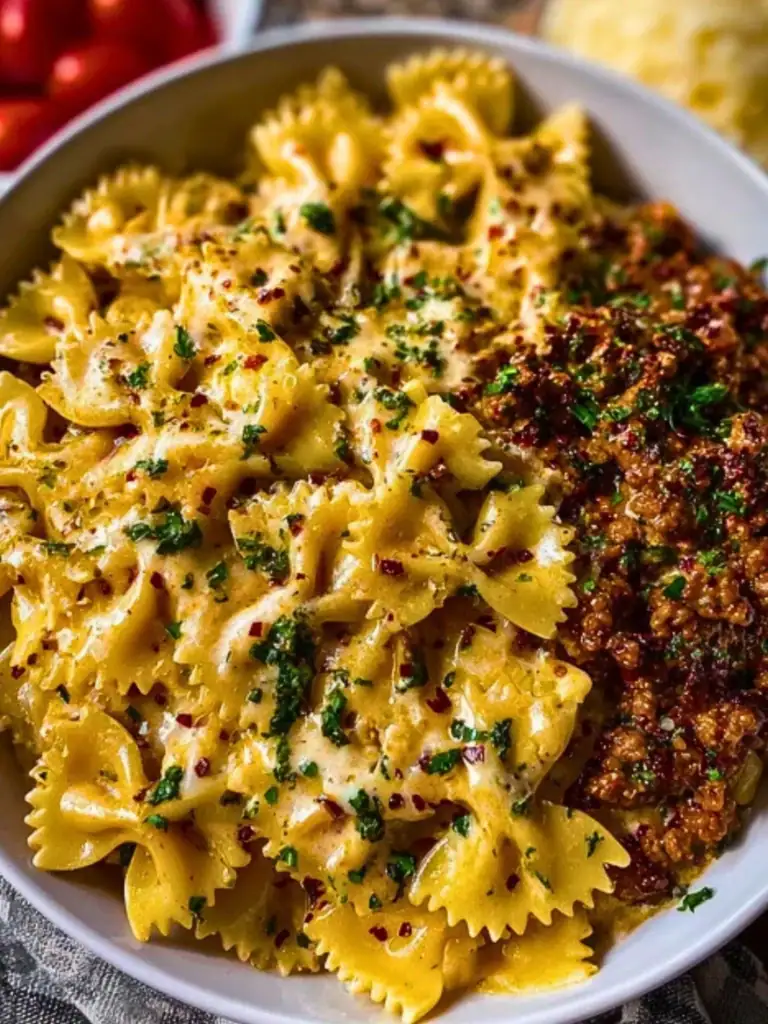 Cheesy Bowtie Pasta with Savory Cajun Ground Beef in Garlic Cream 2