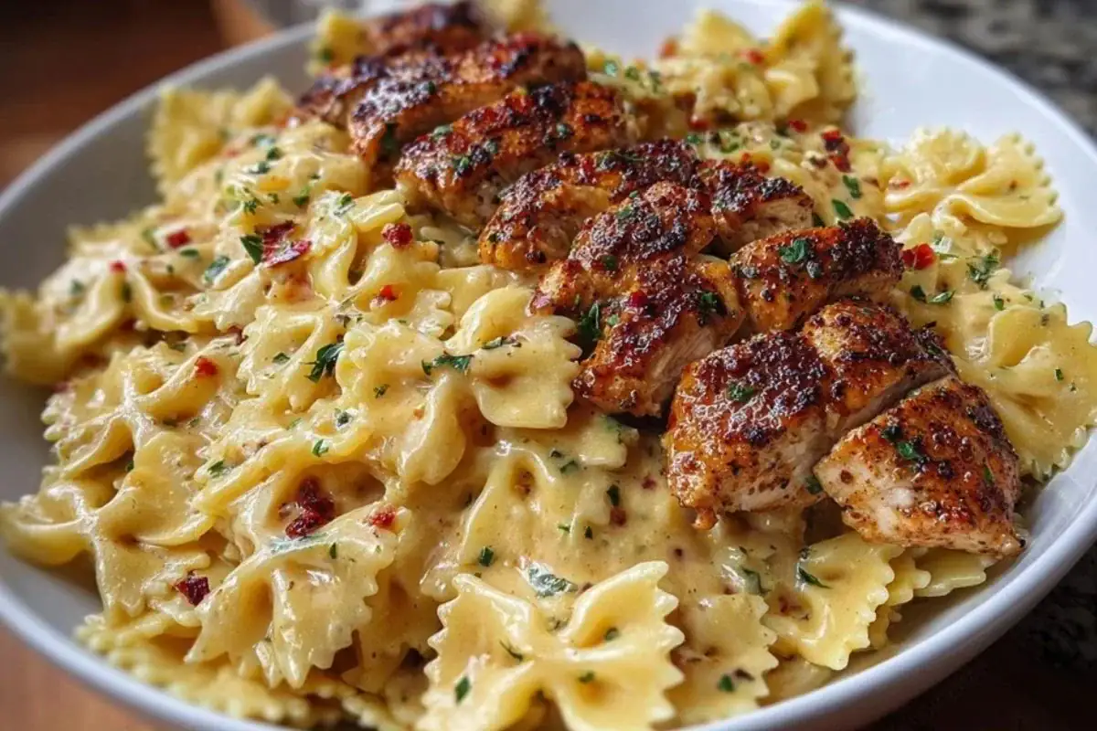 Cheesy Garlic Cajun Chicken Bowtie Pasta in Alfredo Sauce 1