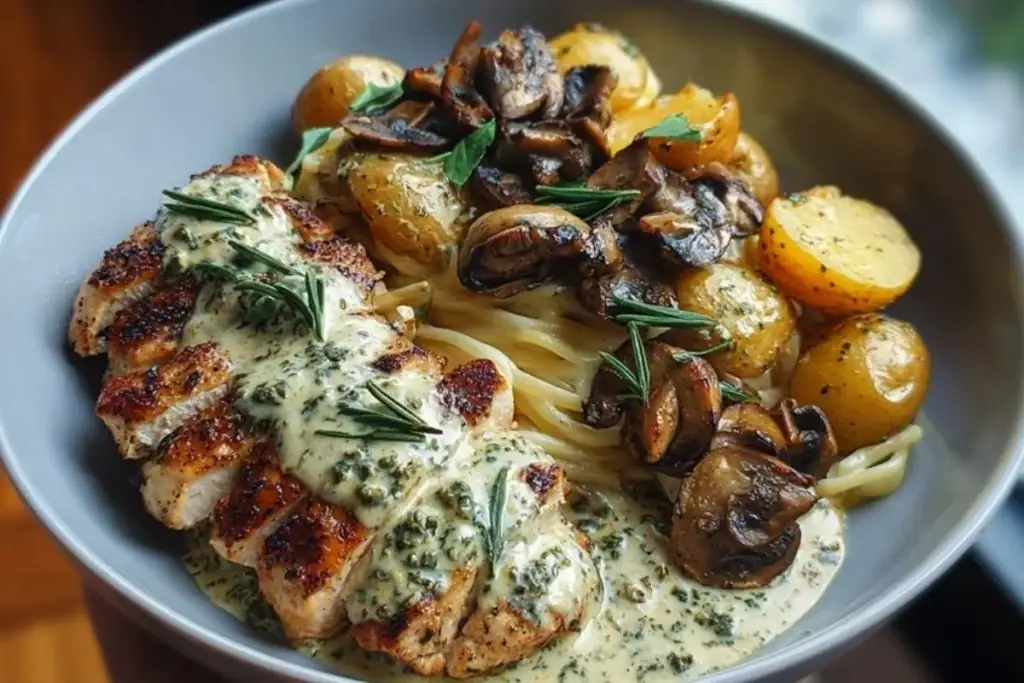 Chestnut Garlic Greek Chicken Alfredo with Sage Potatoes & Mushroom Basil Pesto Cream 1