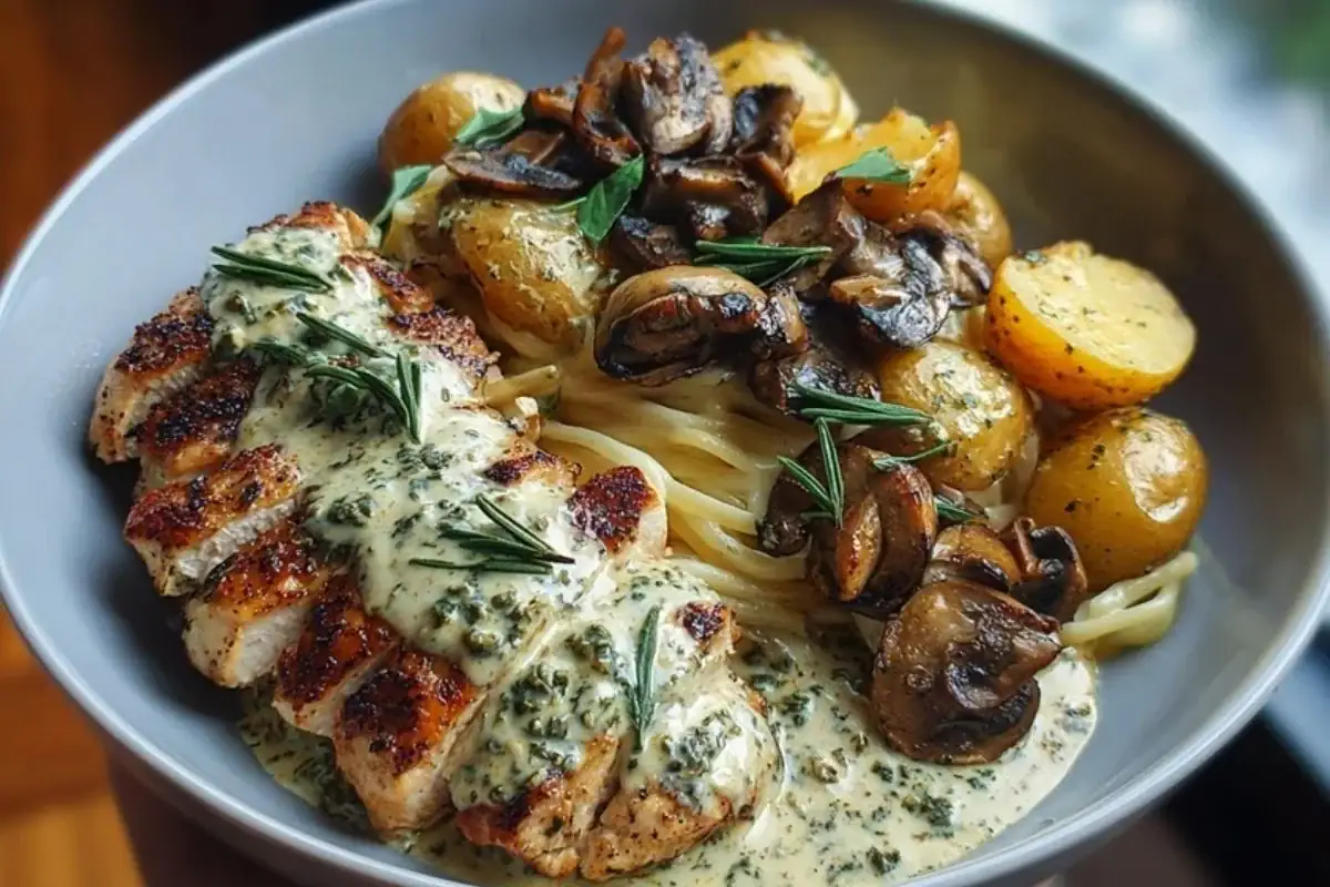 Chestnut Garlic Greek Chicken Alfredo with Sage Potatoes & Mushroom Basil Pesto Cream 1