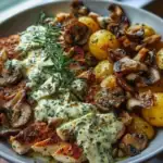 Chestnut Garlic Greek Chicken Alfredo with Sage Potatoes & Mushroom Pesto Cream 1