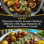 Chestnut Garlic Greek Chicken Alfredo with Sage Potatoes & Mushroom Pesto Cream Pin