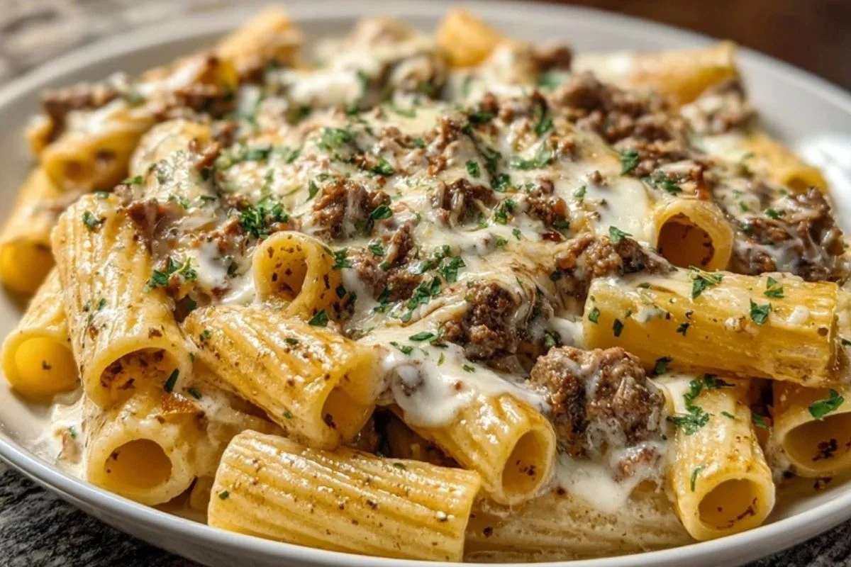 Creamy Cheesy Garlic Butter Rigatoni with Savory Beef 1