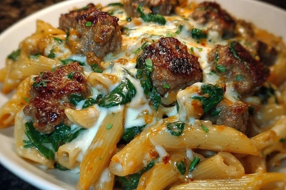 Creamy Garlic Butter Beef Penne with Sausage and Spinach 1