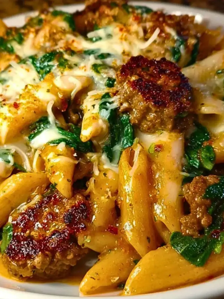 Creamy Garlic Butter Beef Penne with Sausage and Spinach 2