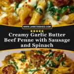 Creamy Garlic Butter Beef Penne with Sausage and Spinach Pin