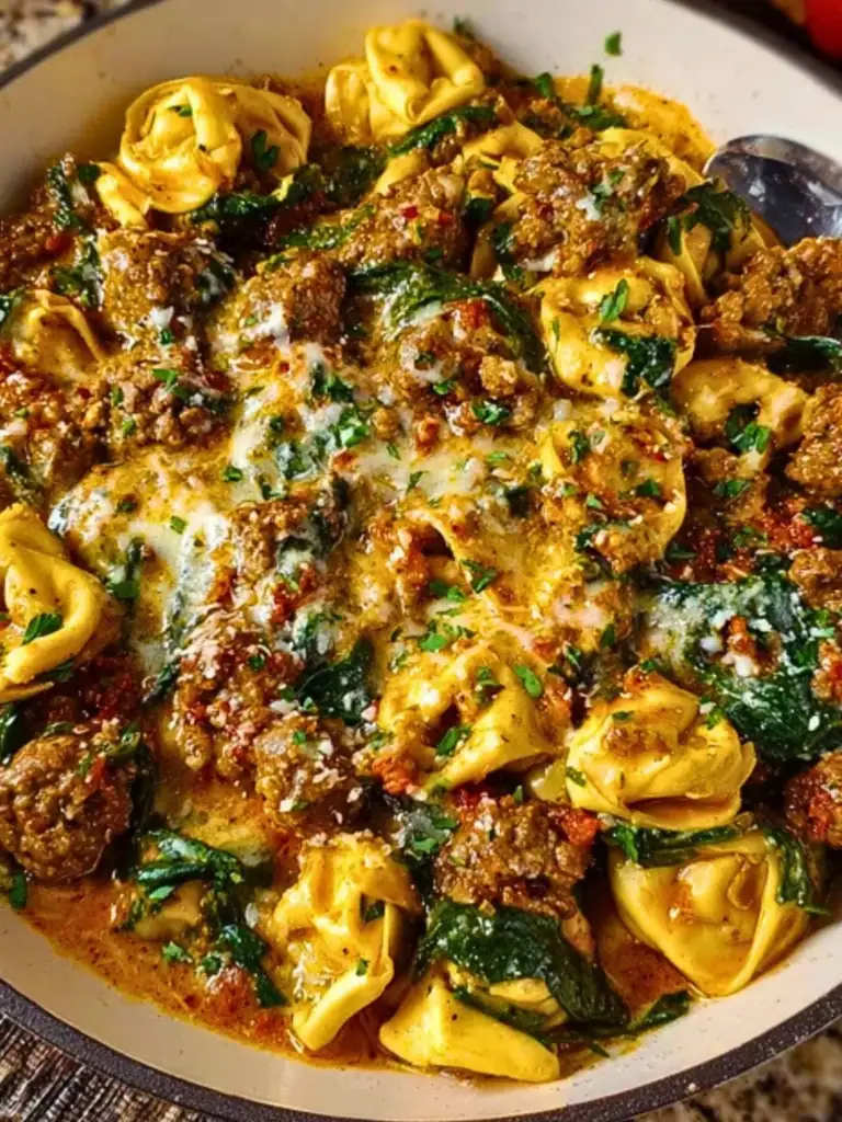 Creamy Garlic Butter Beef Tortellini with Italian Sausage & Spinach 2