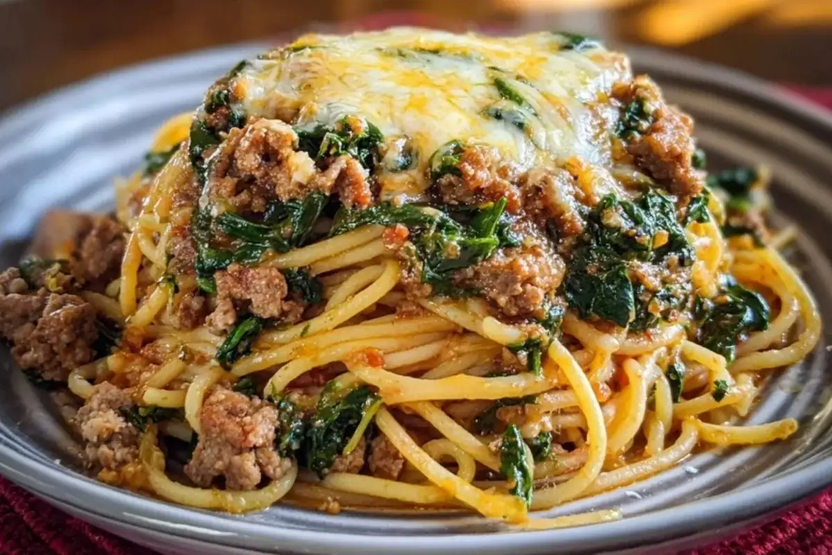 Garlic Butter Spaghetti with Cheesy Italian Sausage and Spinach 1