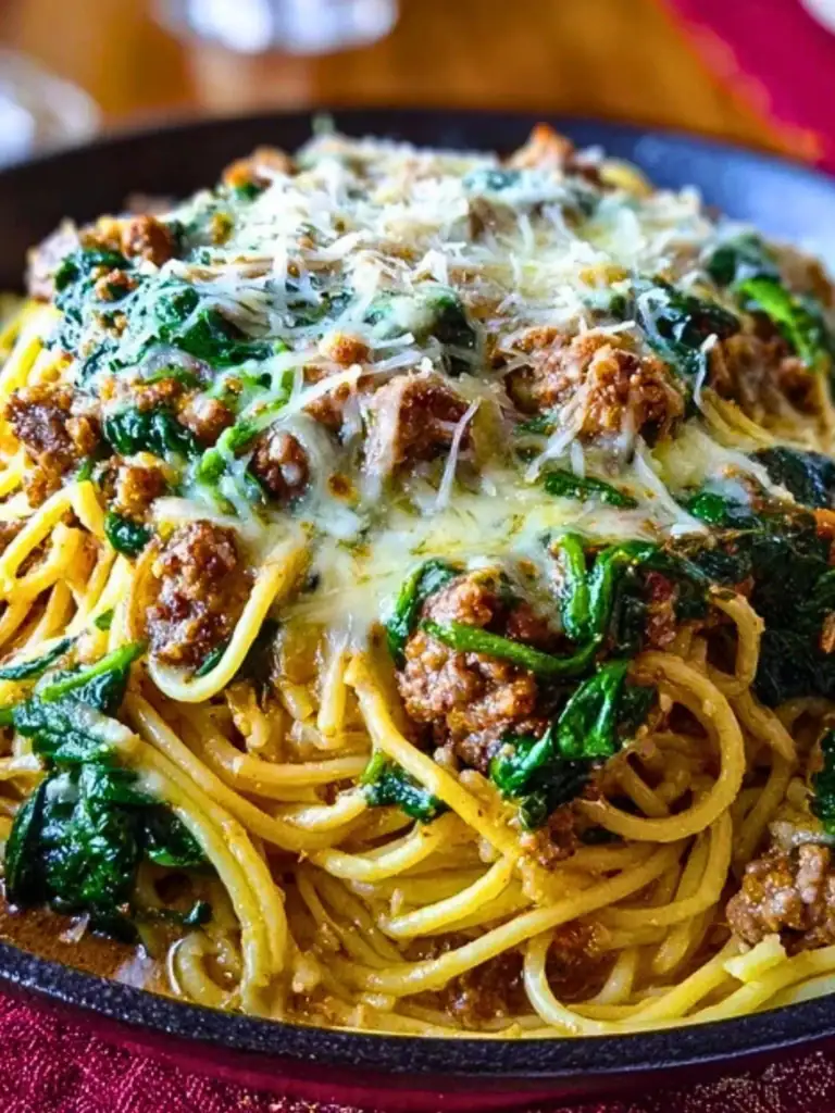 Garlic Butter Spaghetti with Cheesy Italian Sausage and Spinach 2