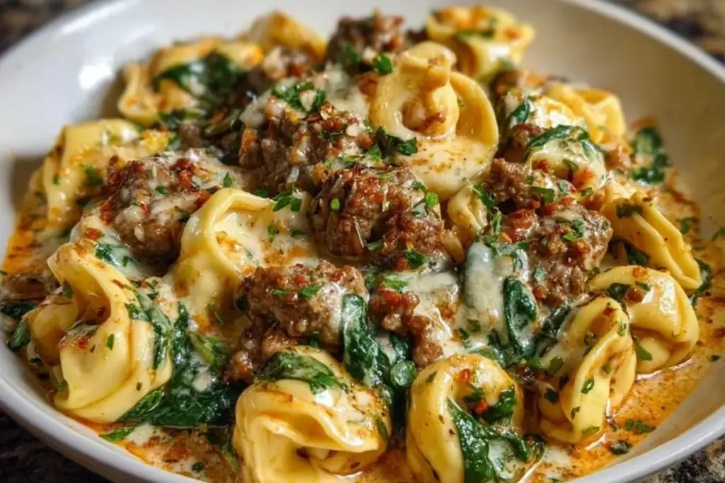 Garlic Butter Tortellini in Creamy Sauce with Beef, Italian Sausage & Spinach 1