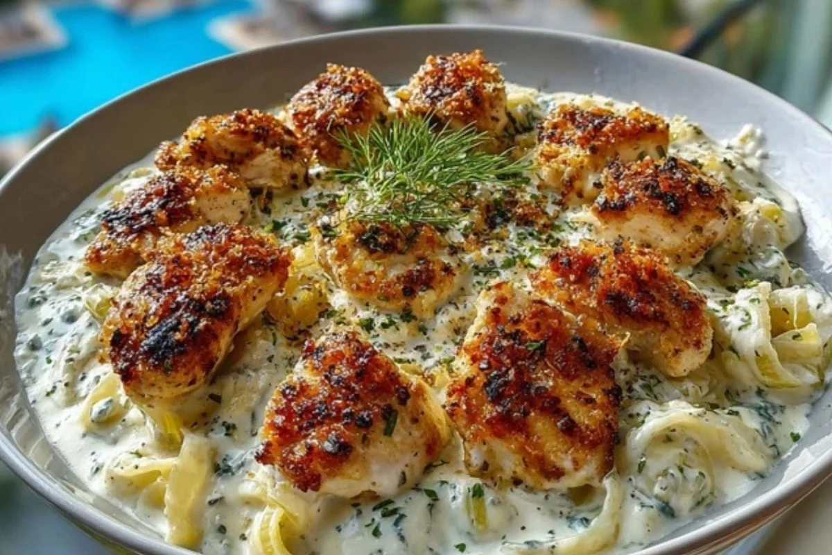 Herbed Chicken Alfredo with Truffle Feta Cream & Crispy Parmesan Leeks 1