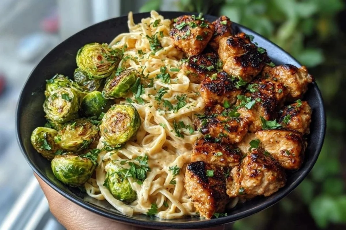 Maple Garlic Chicken Bites with Spicy Cajun Alfredo & Crispy Brussels Twists 1