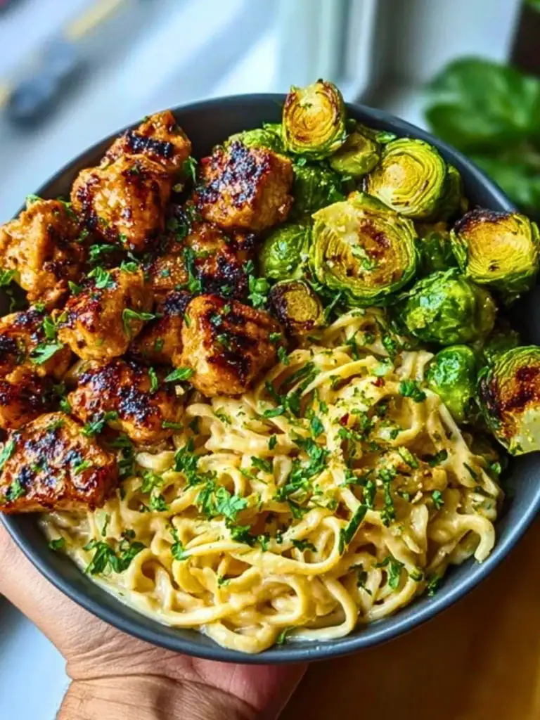 Maple Garlic Chicken Bites with Spicy Cajun Alfredo & Crispy Brussels Twists 2