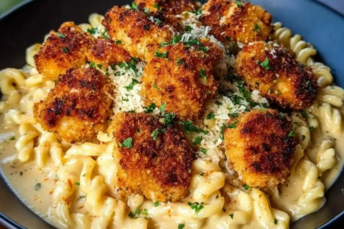 Parmesan Crusted Chicken Bites & Smoked Cajun Alfredo Gemelli 1