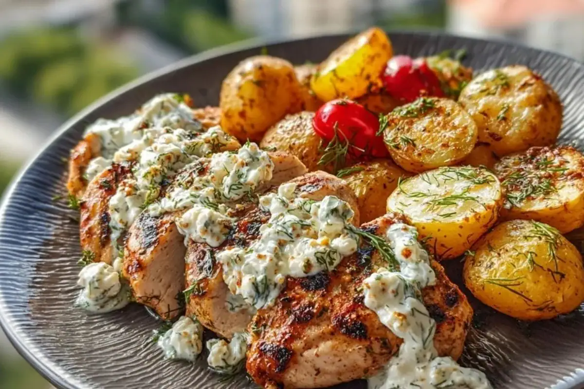 Spicy Yogurt Marinated Chicken with Dill Feta Cream & Crispy Baby Potatoes 1