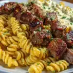 Steak Bites and Cheesy Rotini in Garlic Parmesan Sauce 1
