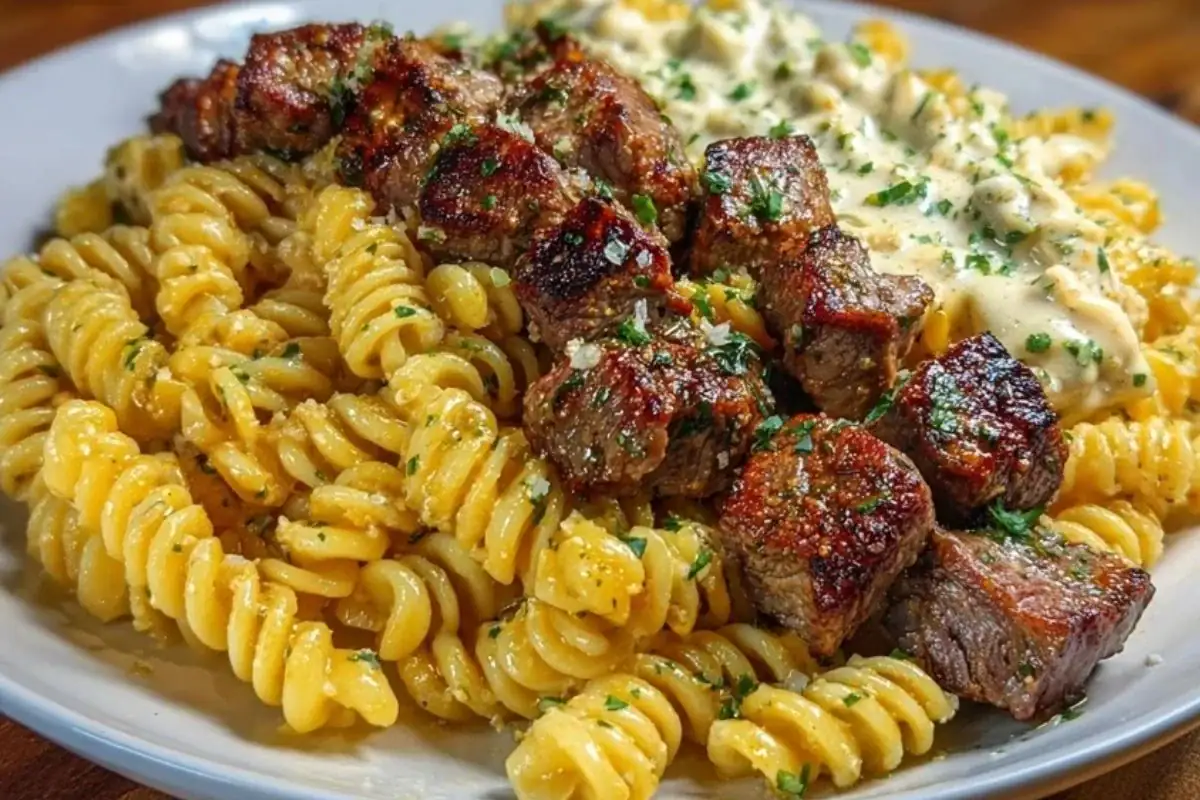Steak Bites and Cheesy Rotini in Garlic Parmesan Sauce 1