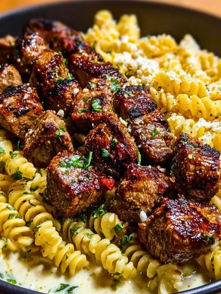 Steak Bites and Cheesy Rotini in Garlic Parmesan Sauce 2