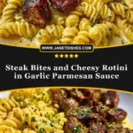 Steak Bites and Cheesy Rotini in Garlic Parmesan Sauce Pin