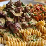 Steak Bites in Garlic Parmesan Sauce over Rotini 1