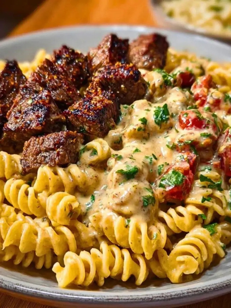 Steak Bites in Garlic Parmesan Sauce over Rotini 2