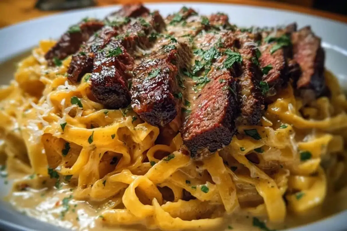 Velveeta Steak Fettuccine with Garlic Butter Cream Sauce 1
