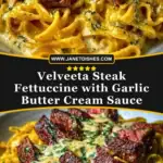 Velveeta Steak Fettuccine with Garlic Butter Cream Sauce Pin