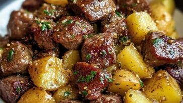 Air Fryer Garlic Butter Steak Bites and Potatoes