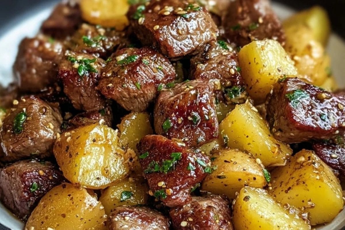 Air Fryer Garlic Butter Steak Bites and Potatoes