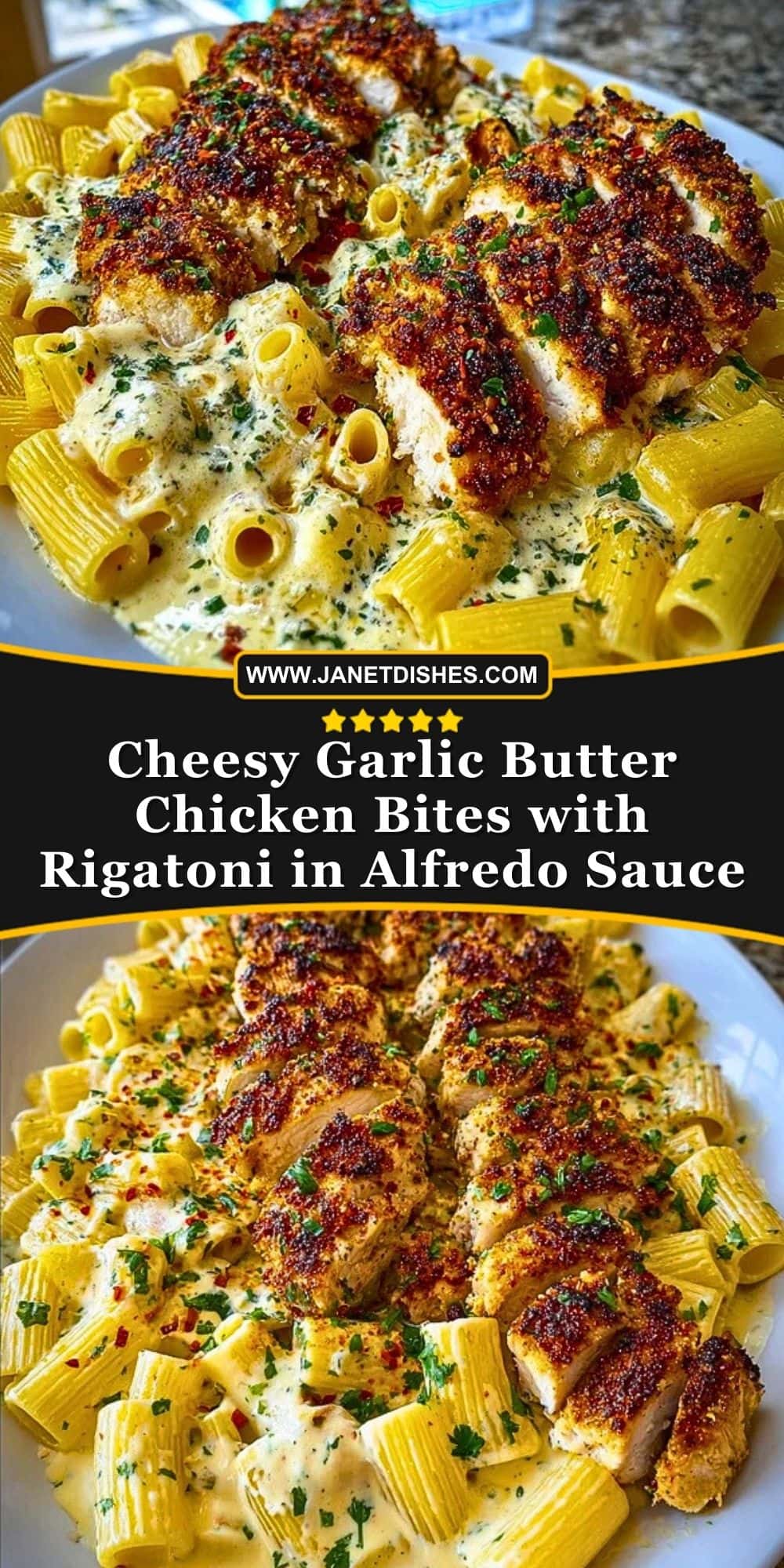 Cheesy Garlic Butter Chicken Bites with Rigatoni in Alfredo Sauce Pin 1