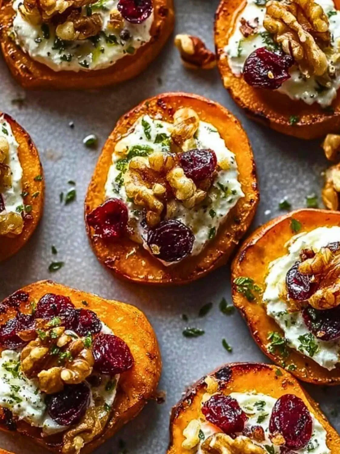 Walnut Rounds Roasted Sweet Potato Rounds with Herbed Ricotta, Walnuts, and Cranberries